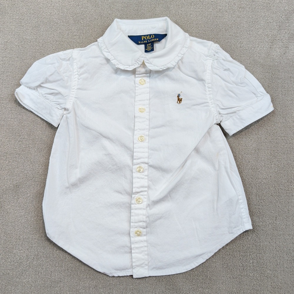 Polo Ralph Lauren Preppy Ruffle Collar Puff Sleeve Shirt 3T White Cotton Classic